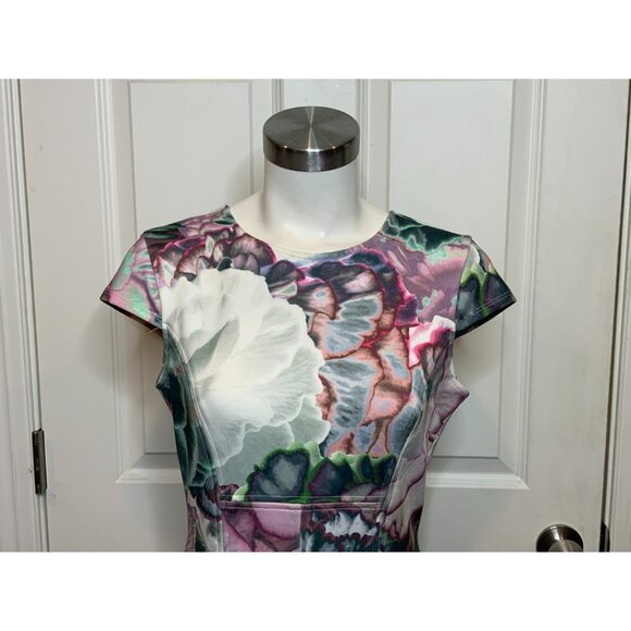 Ted Baker Green Pink Floral Fit & Flare Cap Sleeve Mah Dress, Size 2 TB | 6 US - Picture 3 of 11